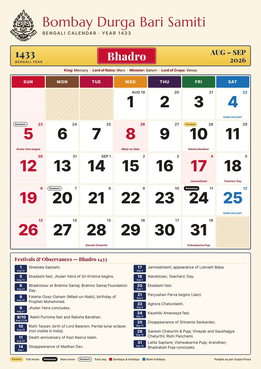 Bhadro 1433 – Bengali calendar in English