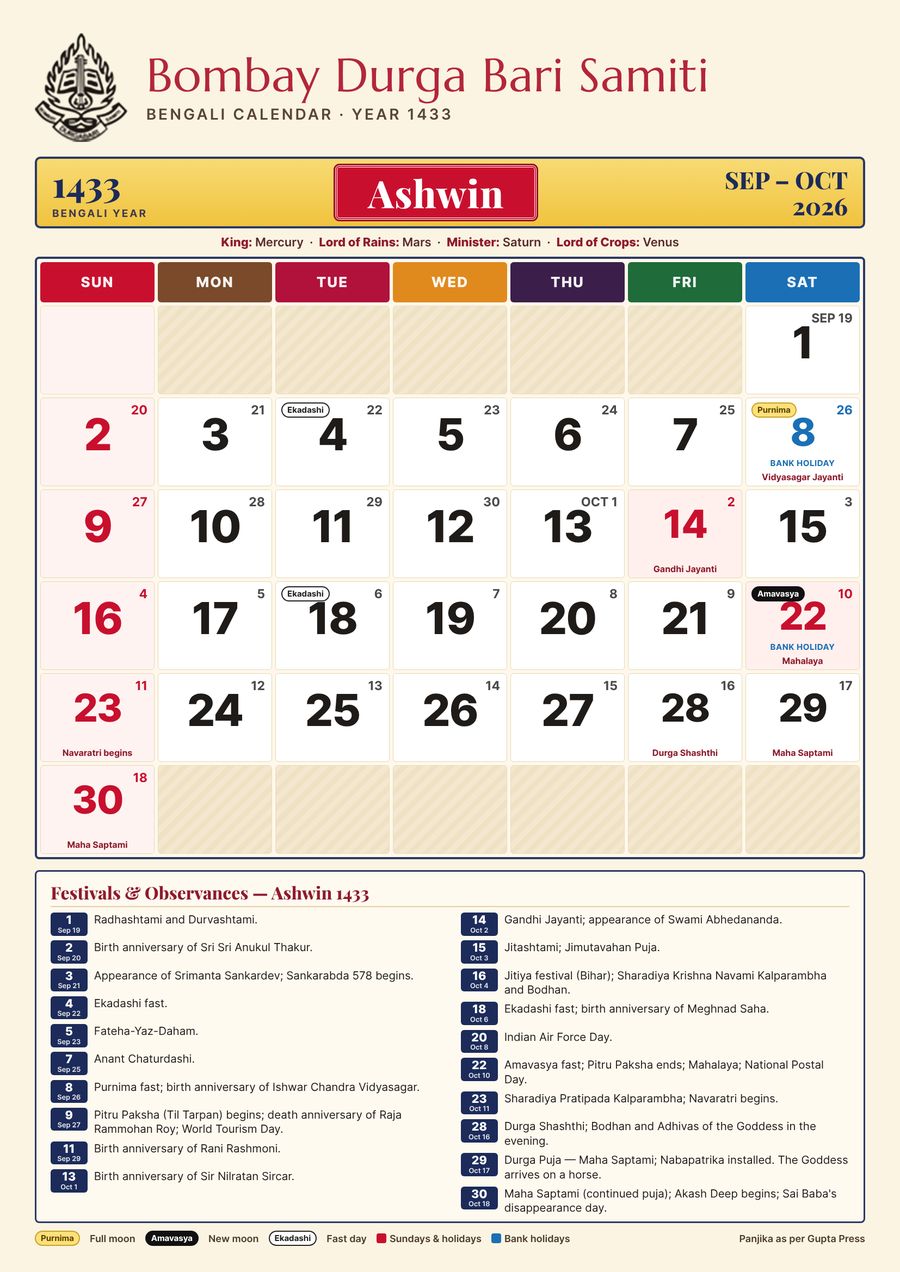 Ashwin 1433 – Bengali calendar in English