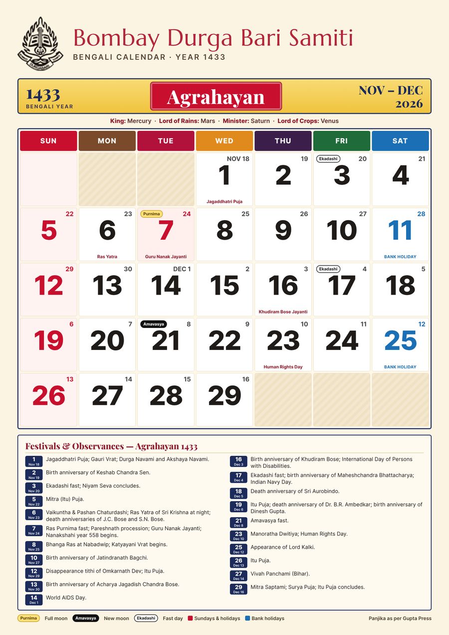 Agrahayan 1433 – Bengali calendar in English